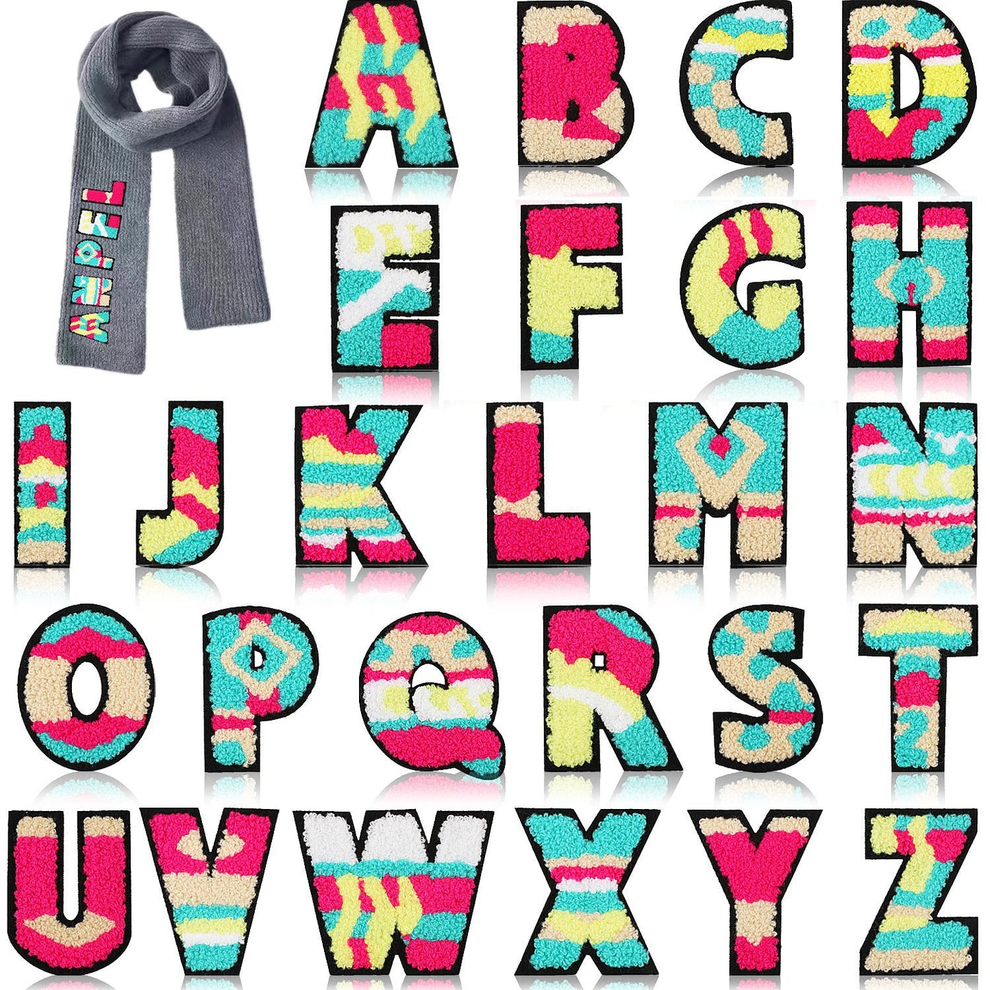 Iron-On Graffiti Color Block Chenille Letter Patch – 7cm Tall, Multi-Color Alphabet