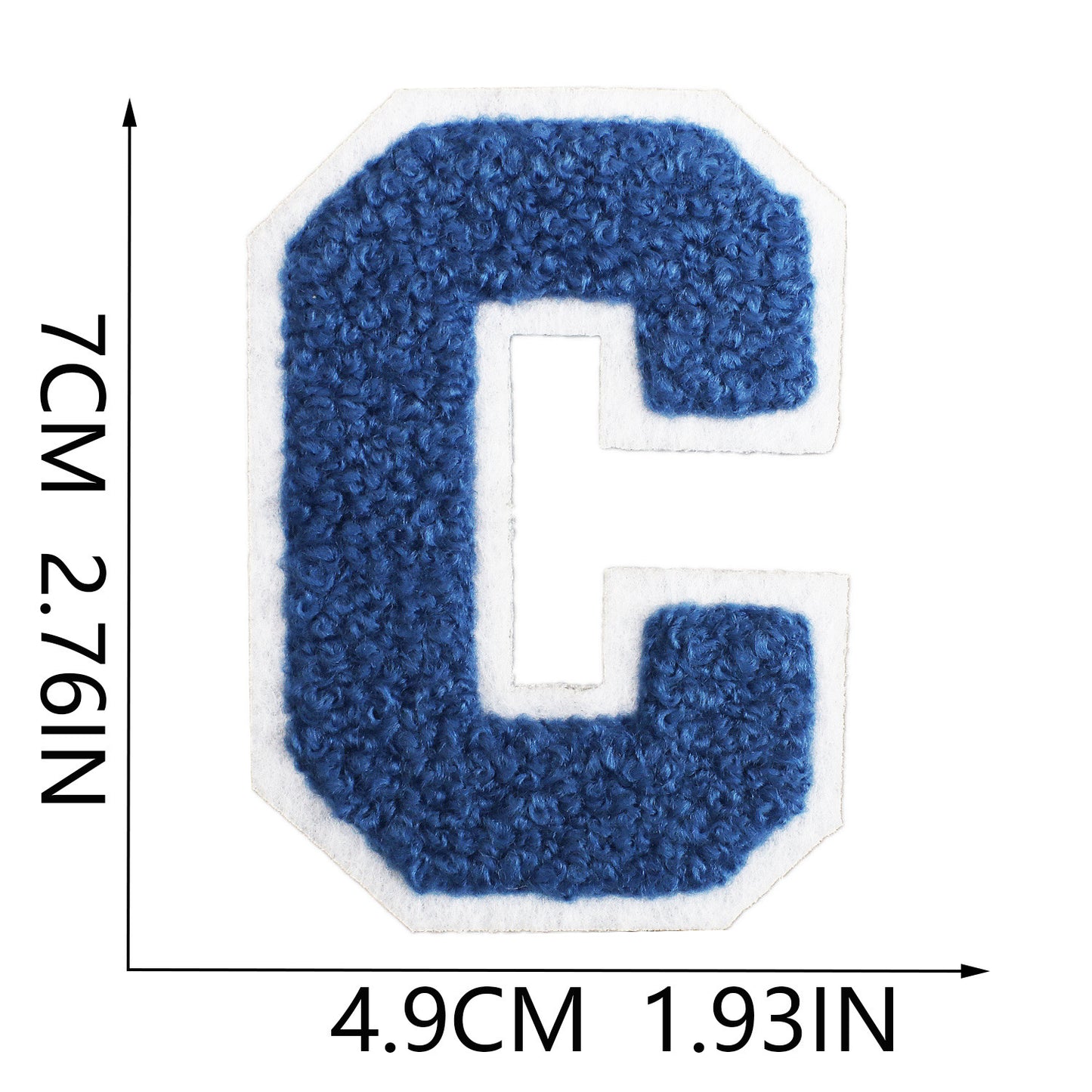 Iron-On Chenille Letter Patch – 7cm Tall, White Base with Navy Blue Letter