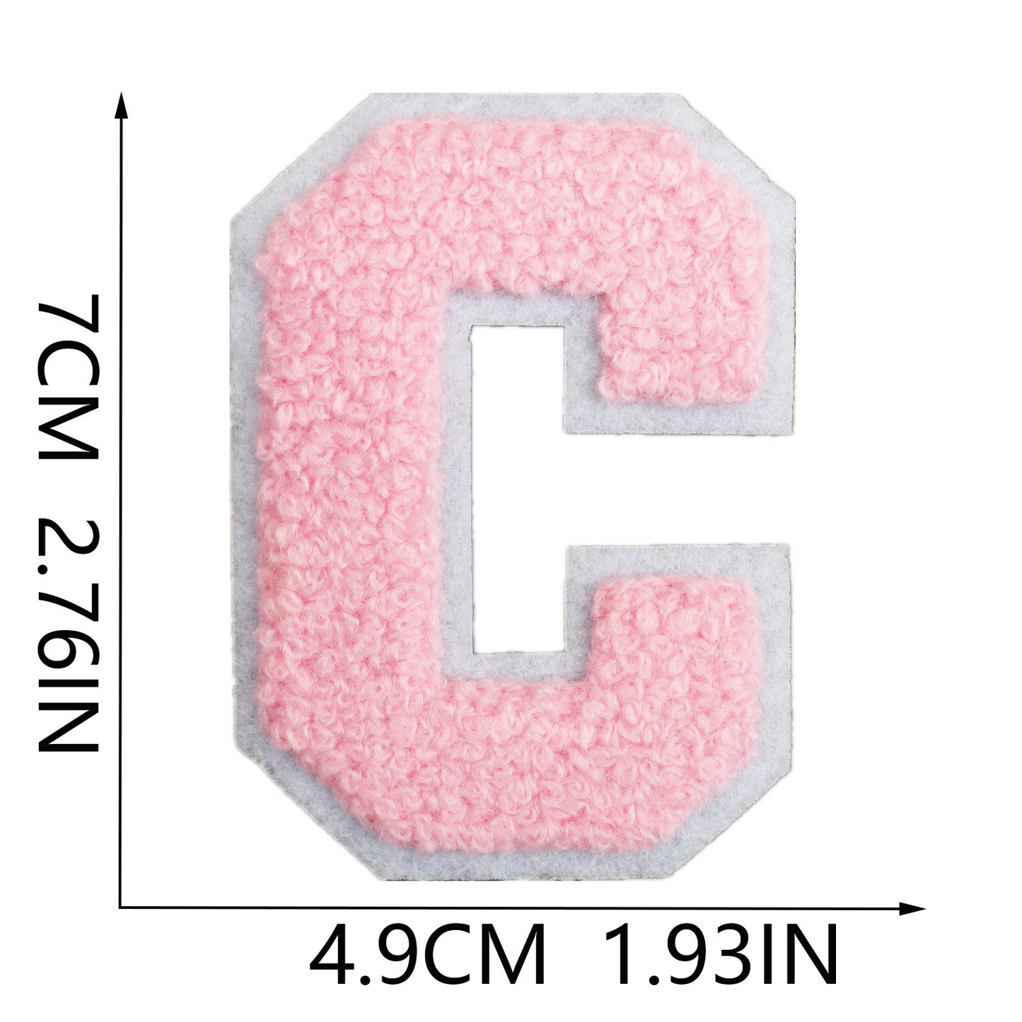 Iron-On Chenille Letter Patch – 7cm Tall, White Base with Pink Letter