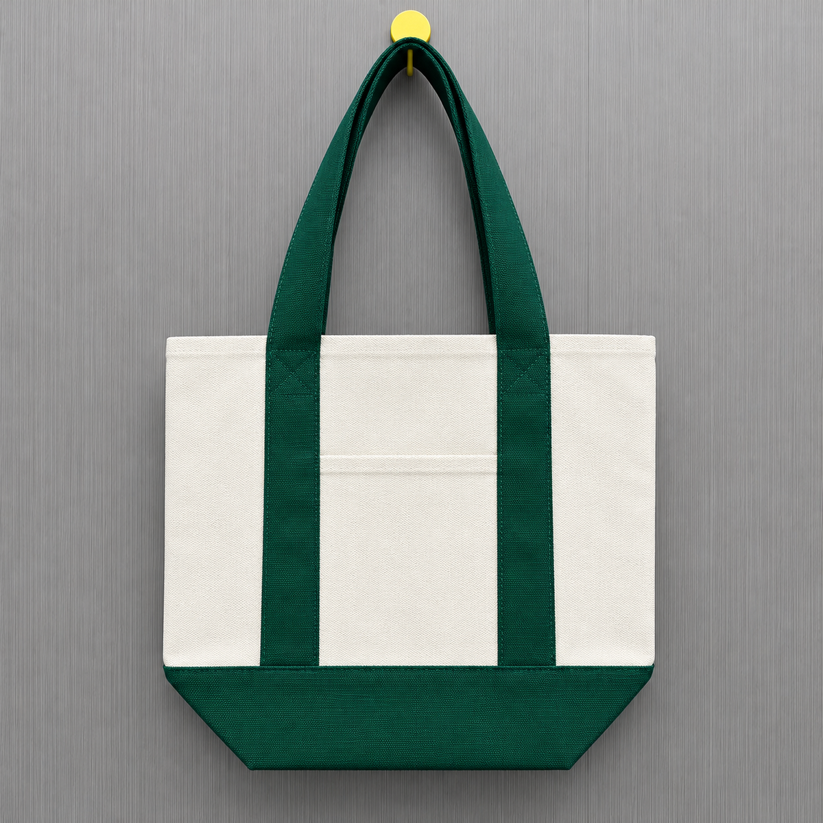 Dark green color block mini canvas tote bag with natural canvas body, forest green handles and matching bottom panel, perfect for DIY personalization.