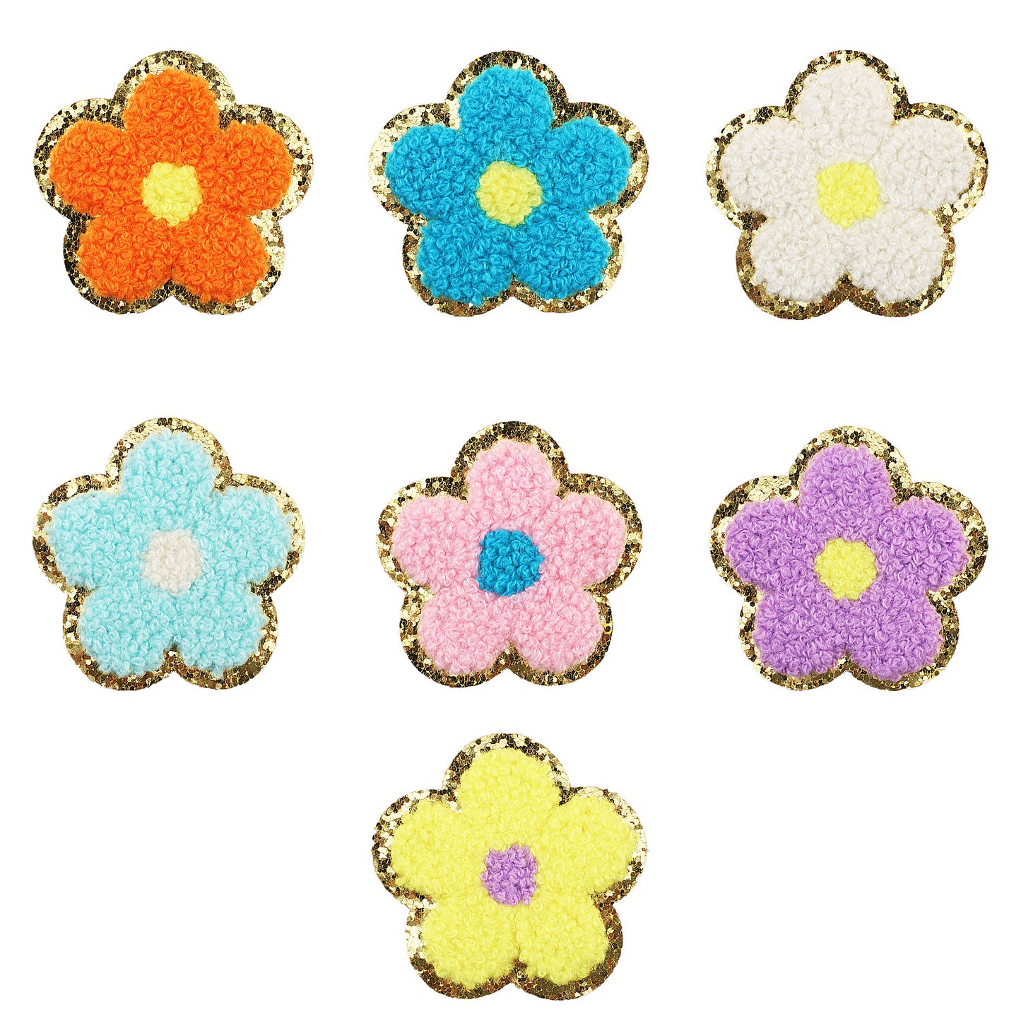 Iron-On Multi-Color Floral Chenille Patch – 5.5cm Tall, with Gold Glitter Edge