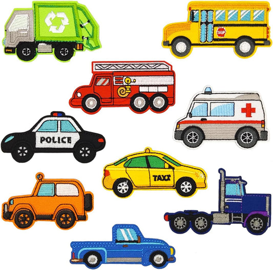 Iron-On Cute Cartoon Sanitation Truck, Ambulance, Taxi & Police Car Embroidery Patch for Kids’ Clothing