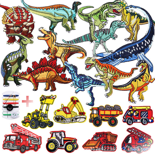 Iron-On Cute Cartoon Dinosaurs, Cars & Excavators Embroidery Patch for Kids’ Clothing