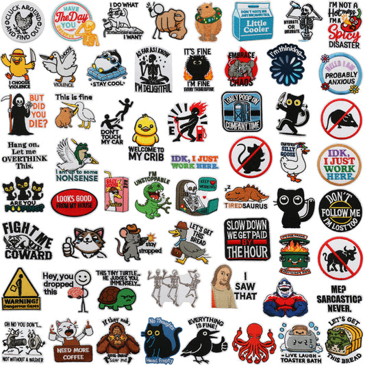 60+ pcs Iron-On Funny and Sarcastic Embroidery Patch Bundle   Patches with Meme Quotes Cute Animals Witty Designs