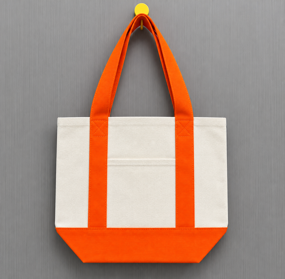 Orange color block mini canvas tote bag with natural canvas body, bright orange handles and matching bottom panel, ideal for DIY patch decoration.