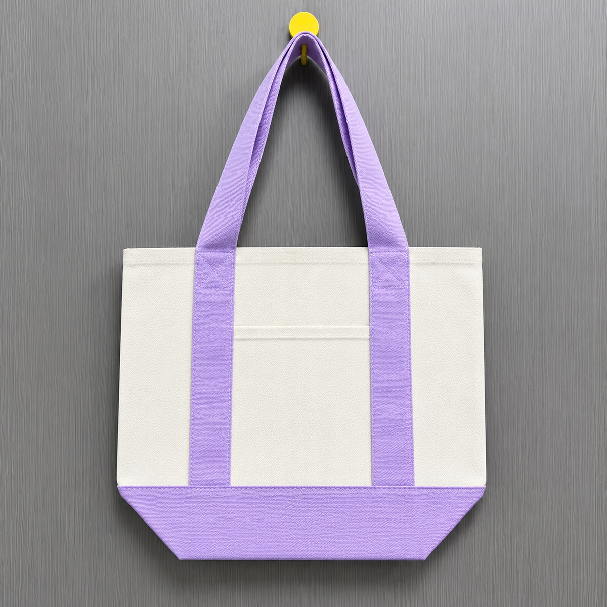 Purple color block mini canvas tote bag with natural canvas body, lavender purple handles and matching bottom panel.
